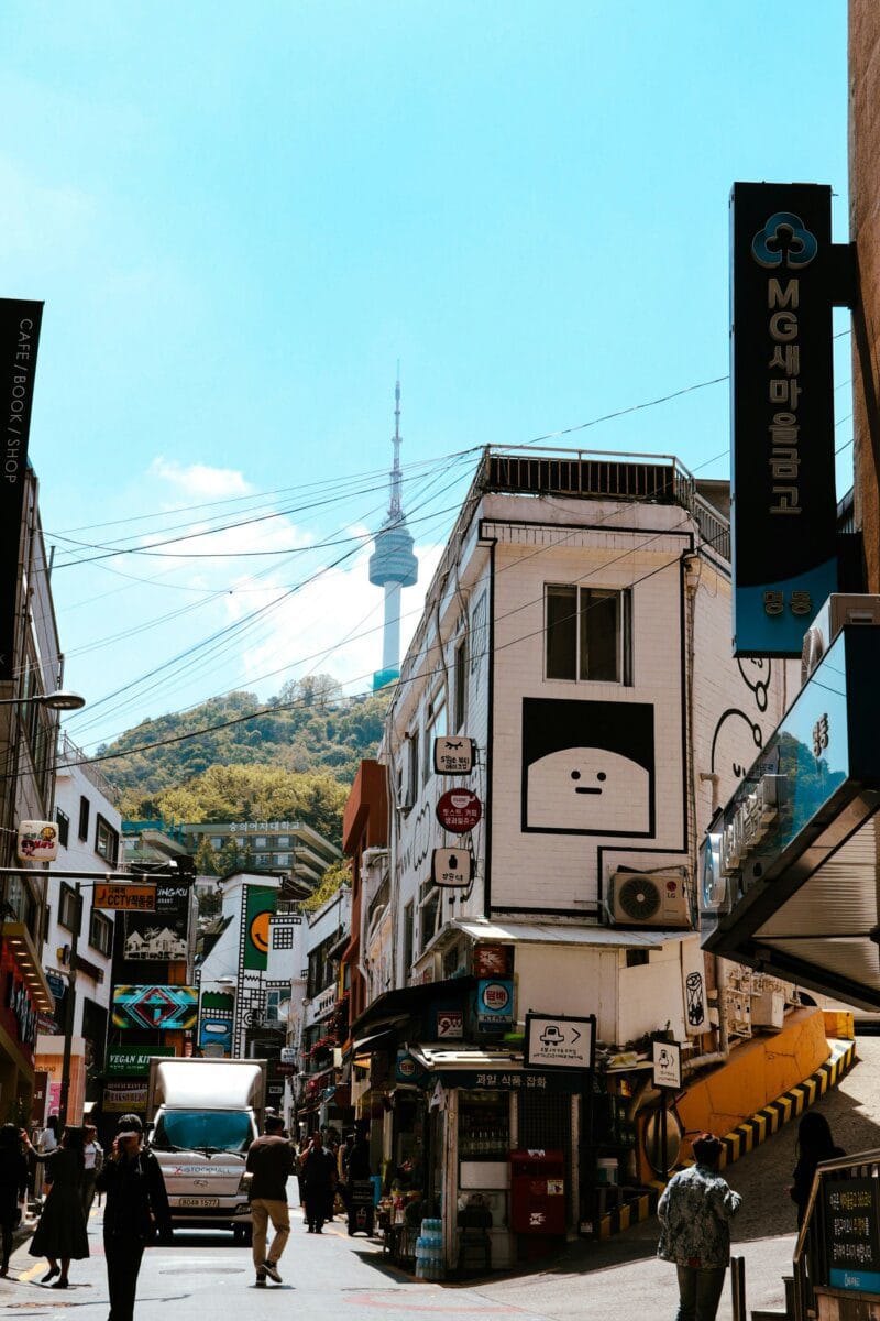 Myeongdong shopping street in Seoul, lined with stores