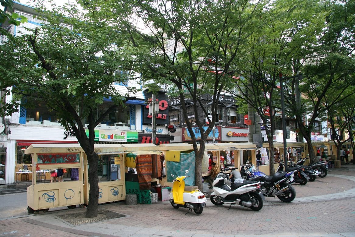 Street merchants selling small accessories in Hongdae, Seoul