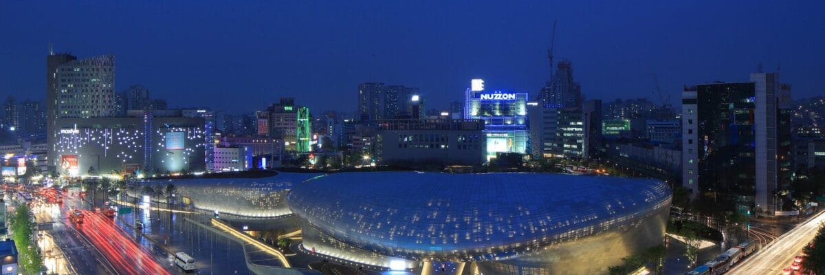 Seoul street at night with neon signs