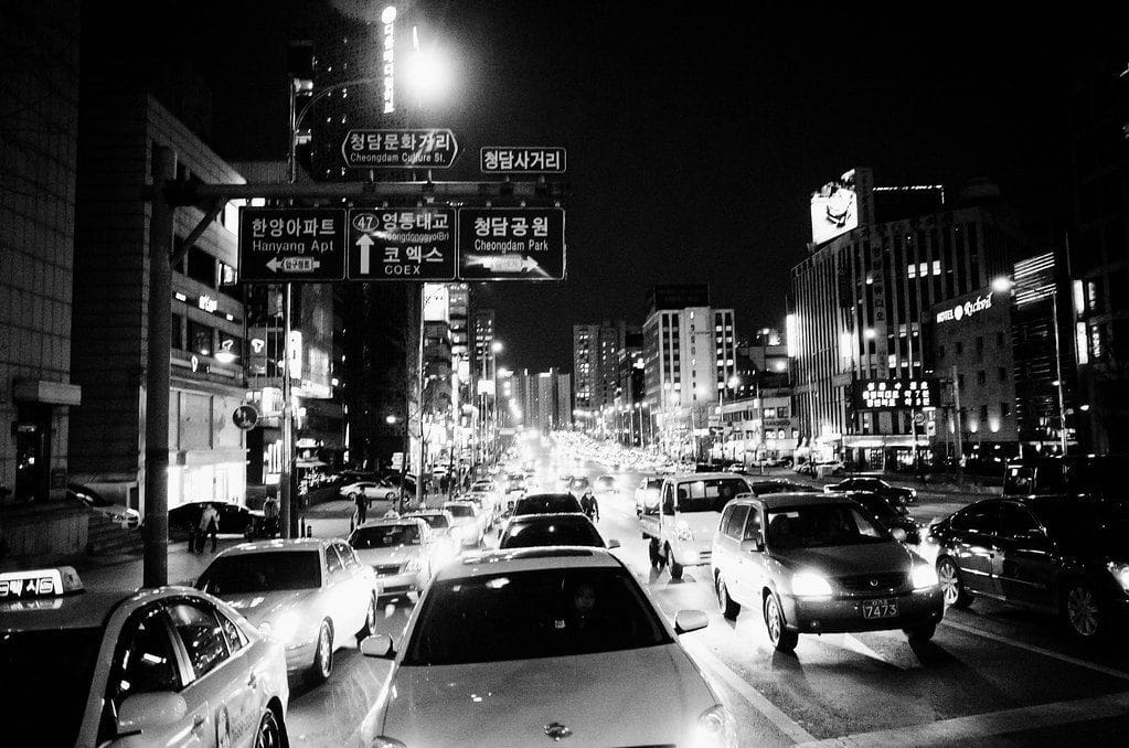 Seoul street at night near Gangnam