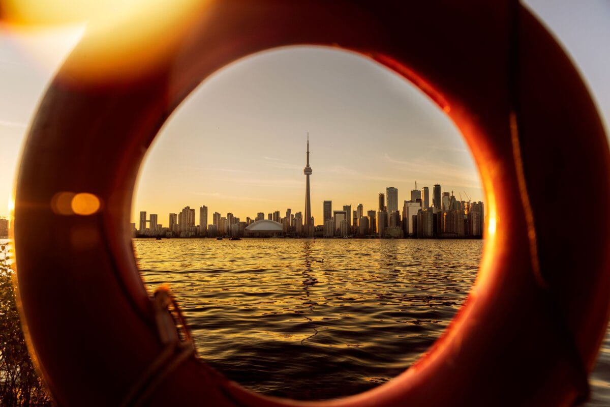 Toronto skyline with the CN Tower at sunset